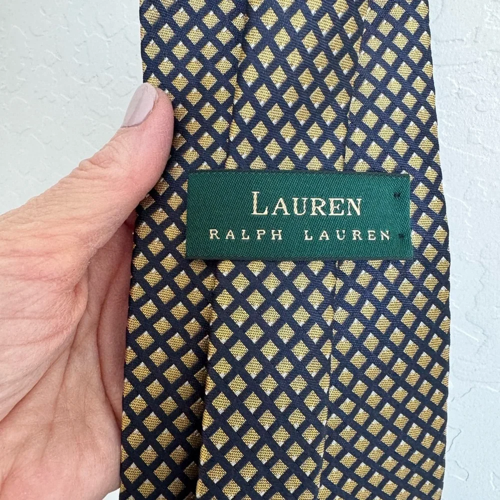 Lauren Ralph Lauren Silk Necktie Tie Geometric Pattern Navy Blue Gold